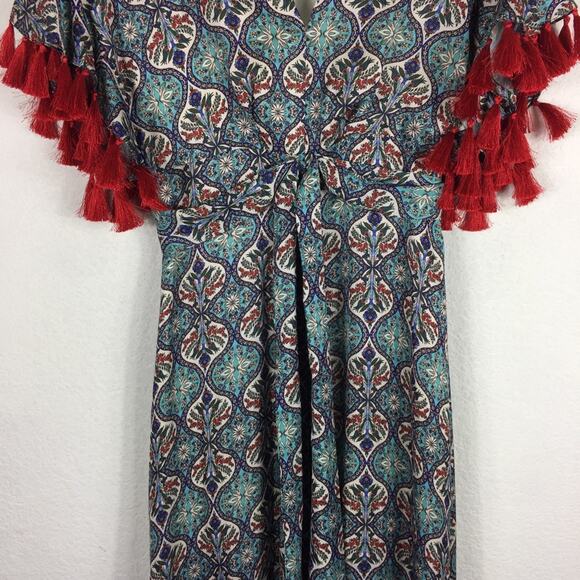 Anthropologie Sachin + Babi Maxi Dress Size 2 Tasseled Red Blue Abstract Satin - Picture 10 of 16